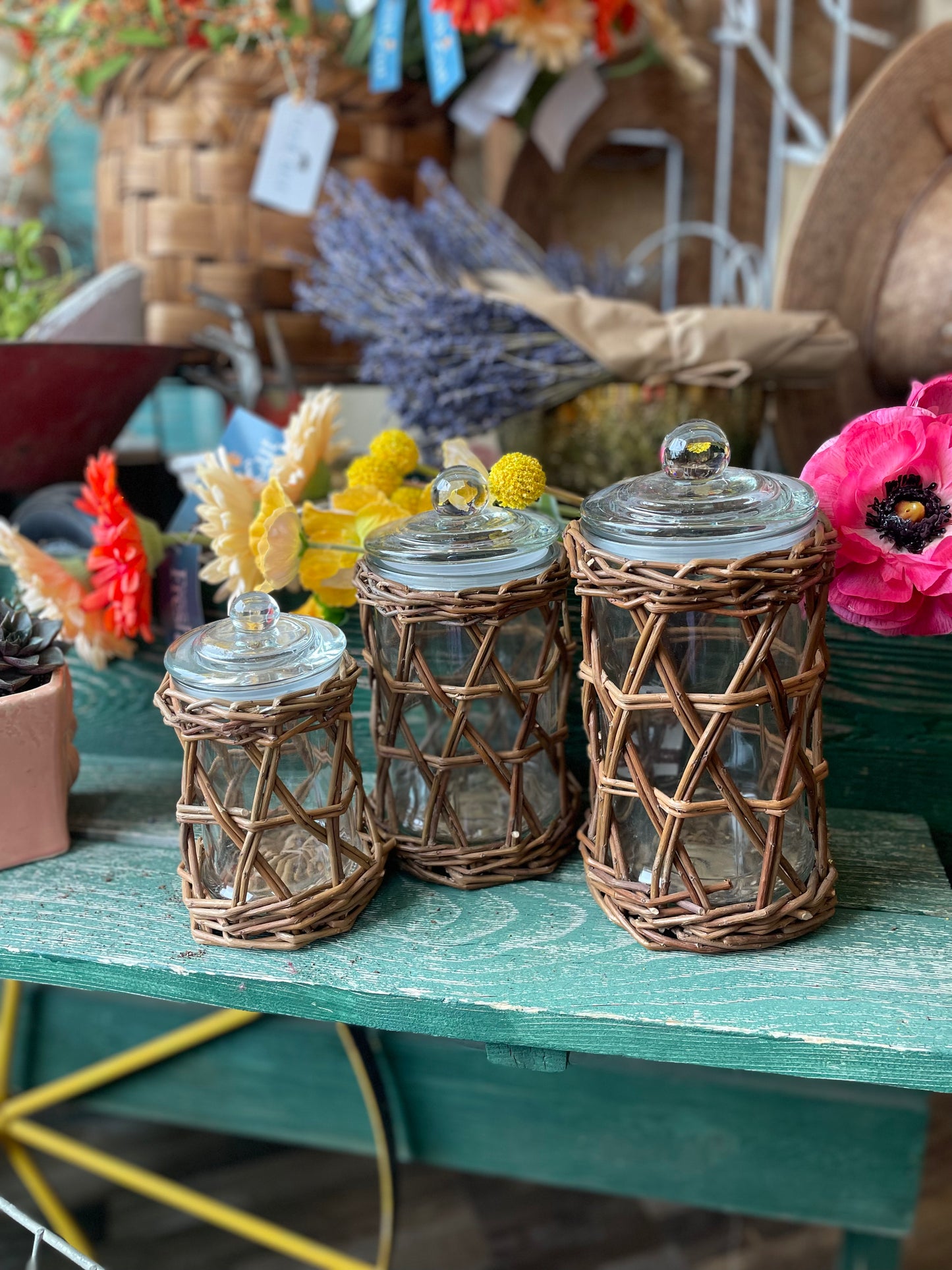 Set of 3 Wicker Wrapped Glass Canisters