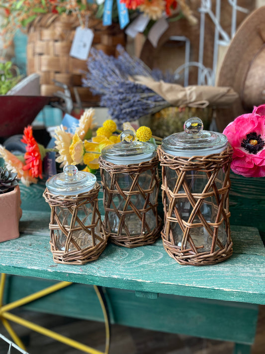 Set of 3 Wicker Wrapped Glass Canisters