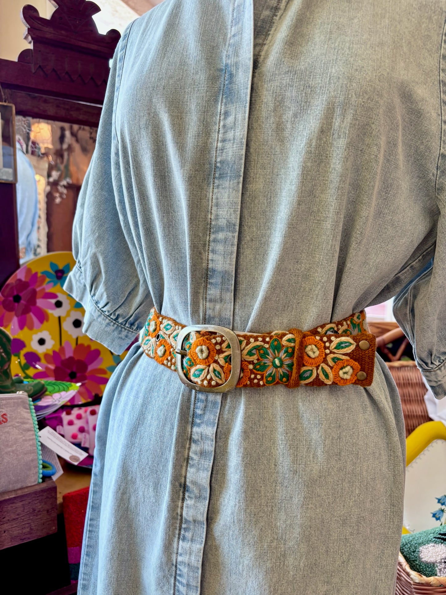 Ground Cover Floral Embroidered Wool Belt: Large