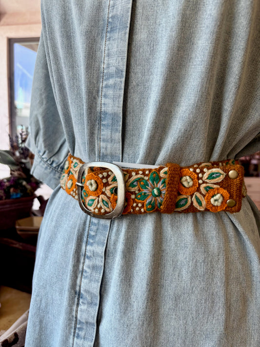 Ground Cover Floral Embroidered Wool Belt: Small