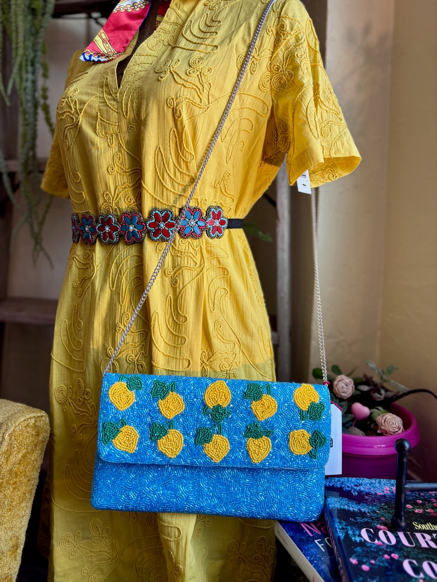 Blue Beaded Clutch With Lemons
