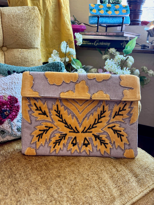 Mustard Velvet Applique Clutch