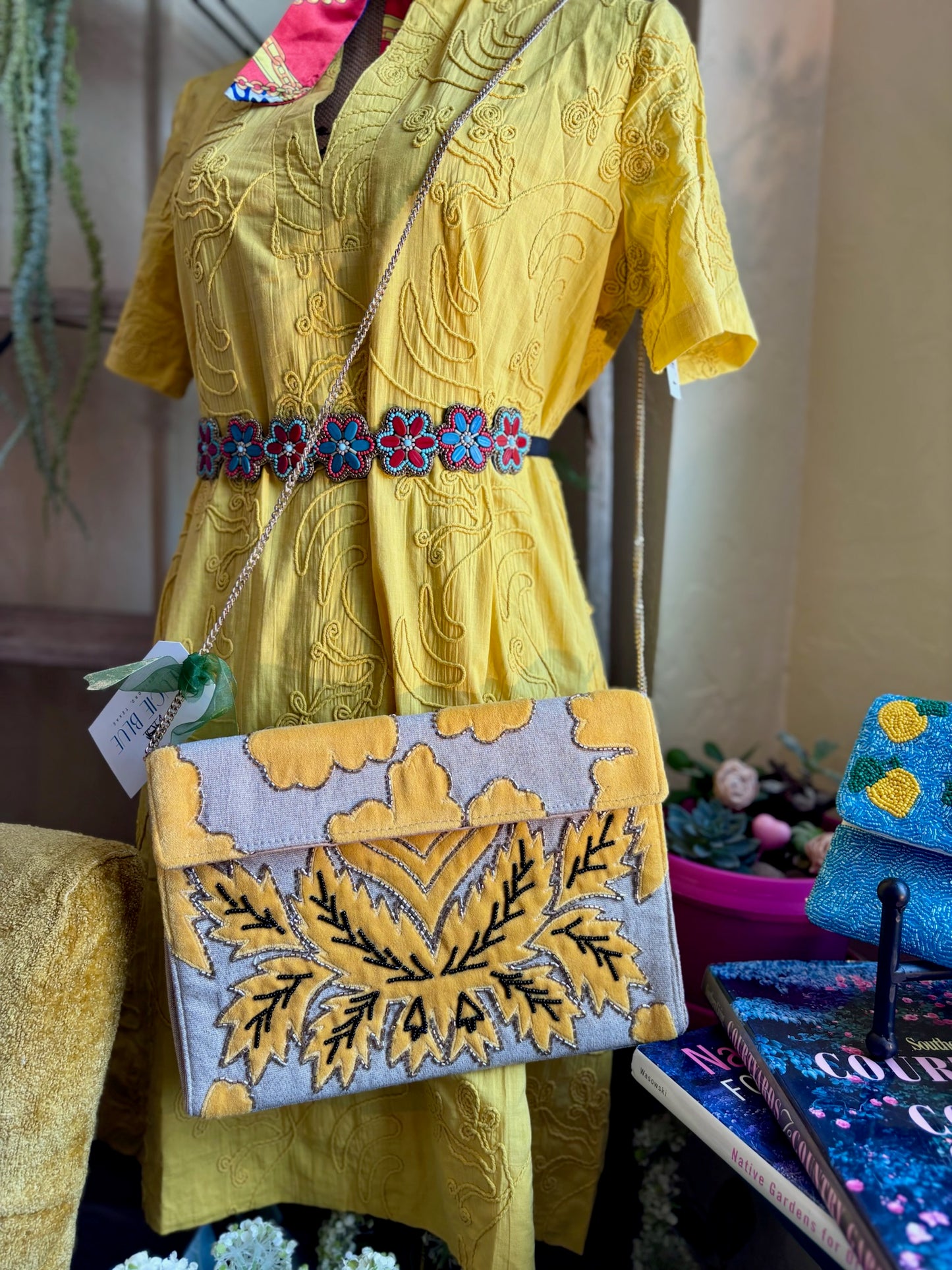 Mustard Velvet Applique Clutch