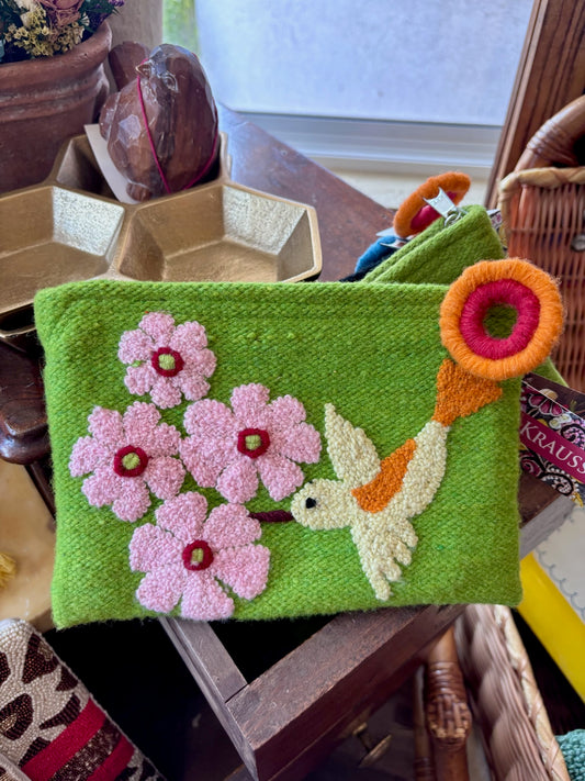 Hummingbird Embroidered Wool Pouch