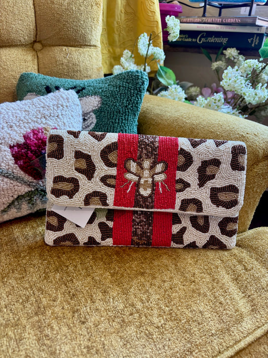 LEOPARD PRINT BEE BEADED CLUTCH W/ RED STRIPE