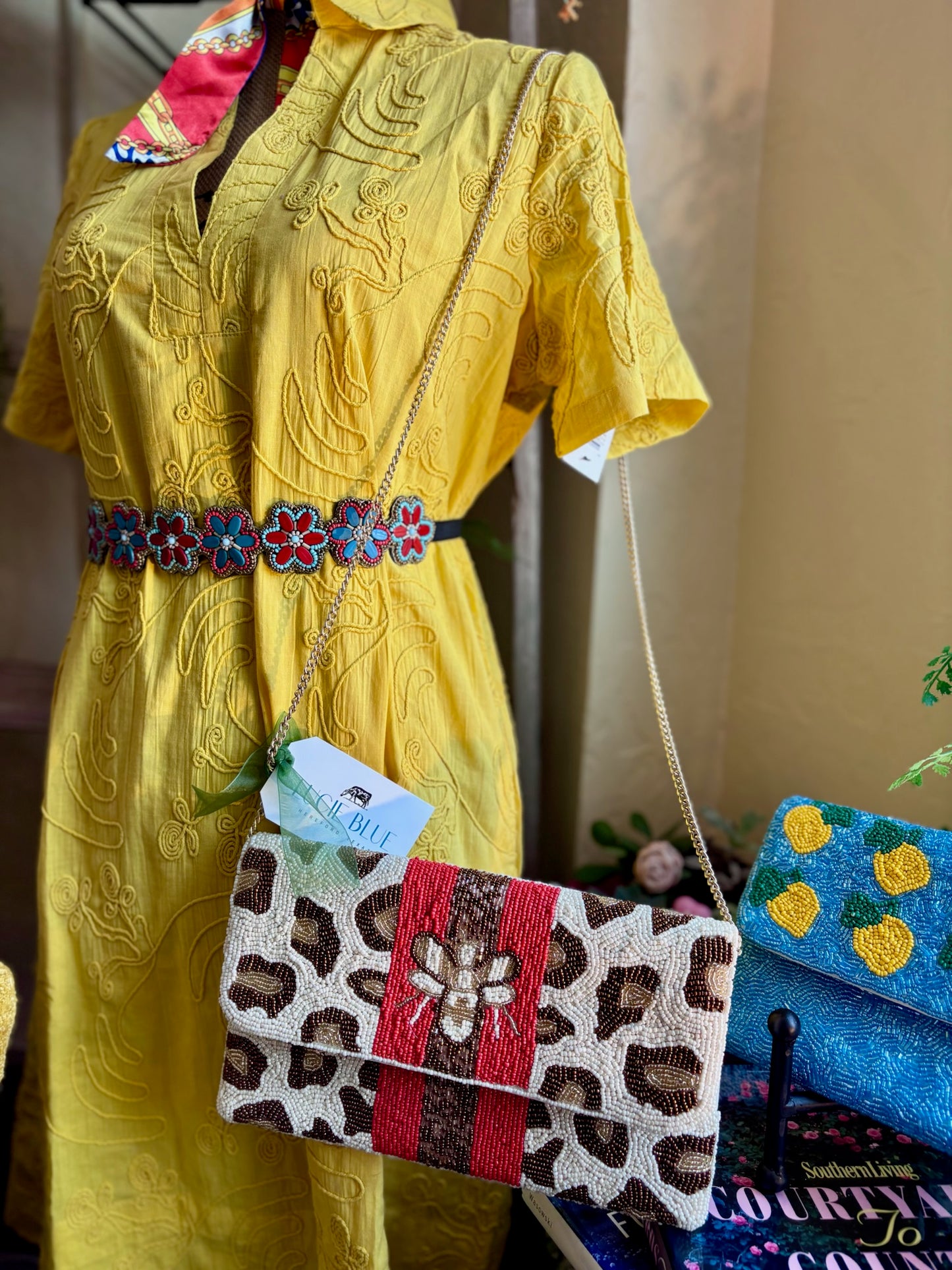LEOPARD PRINT BEE BEADED CLUTCH W/ RED STRIPE