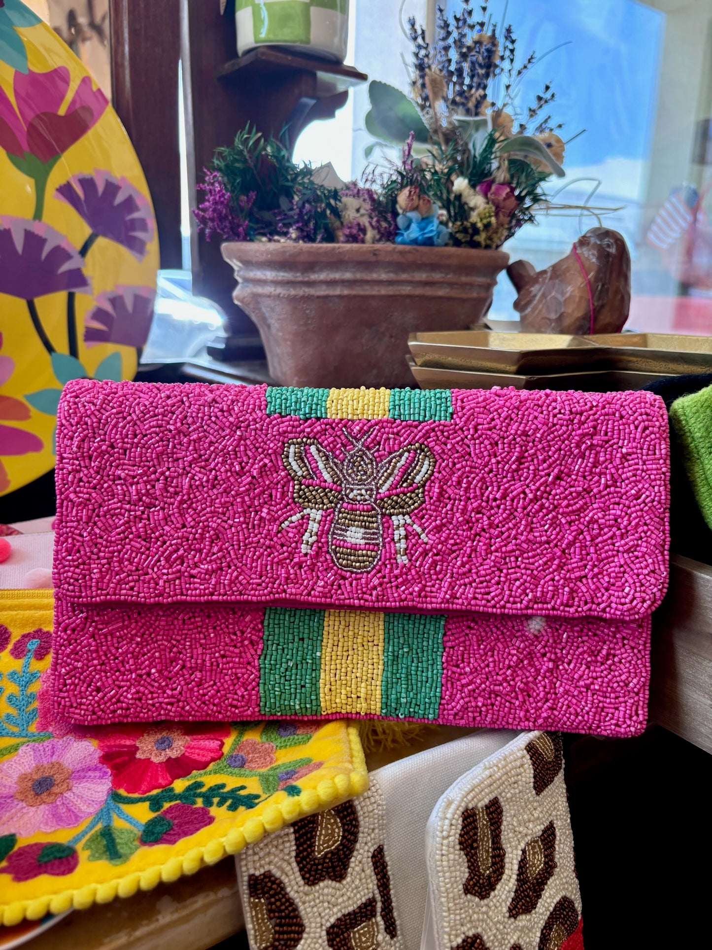 FUCHSIA BEADED BEE CLUTCH W/ GREEN & YELLOW STRIPE