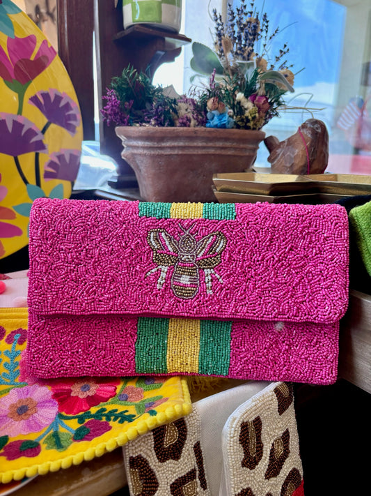 FUCHSIA BEADED BEE CLUTCH W/ GREEN & YELLOW STRIPE