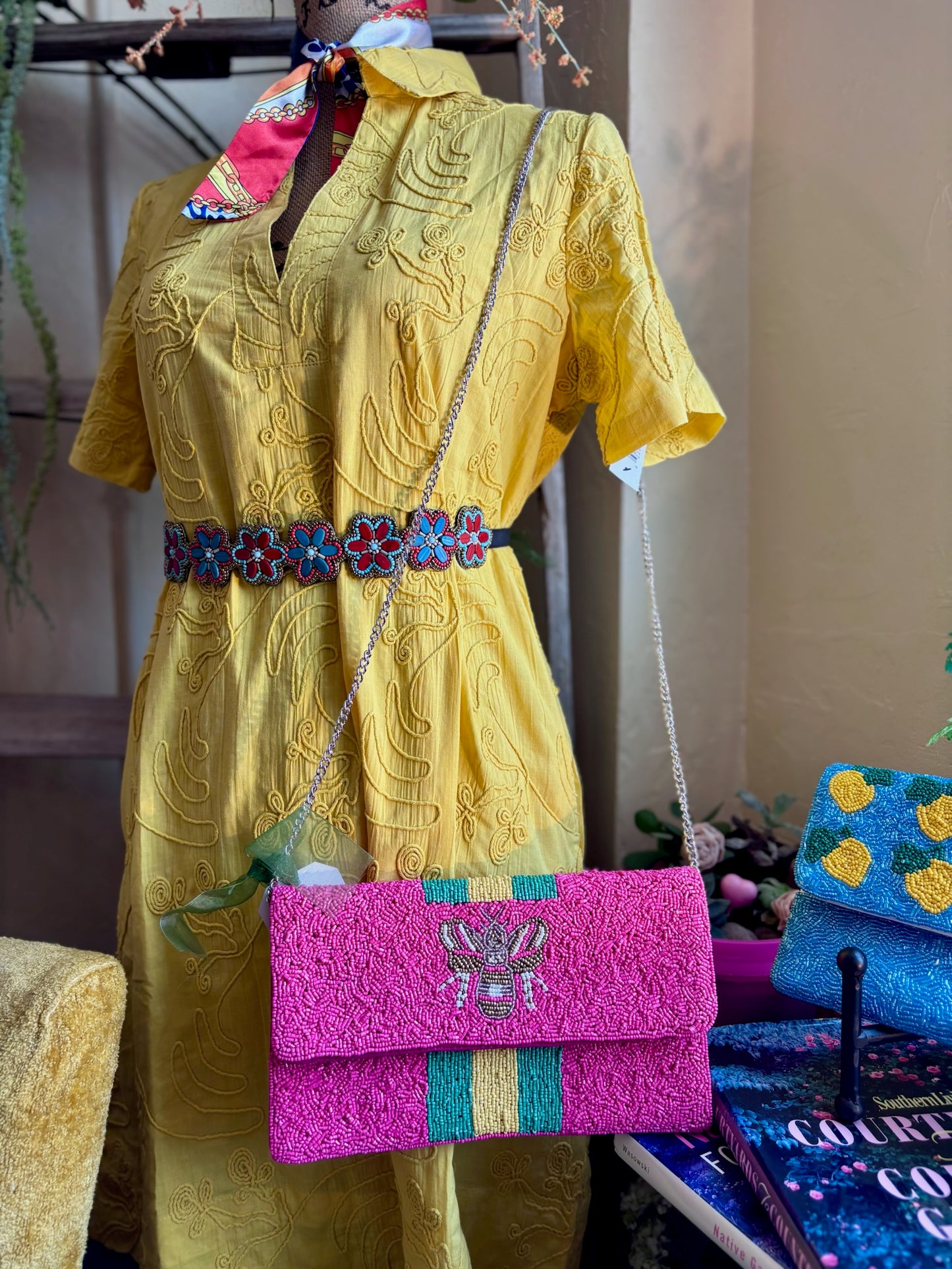 FUCHSIA BEADED BEE CLUTCH W/ GREEN & YELLOW STRIPE