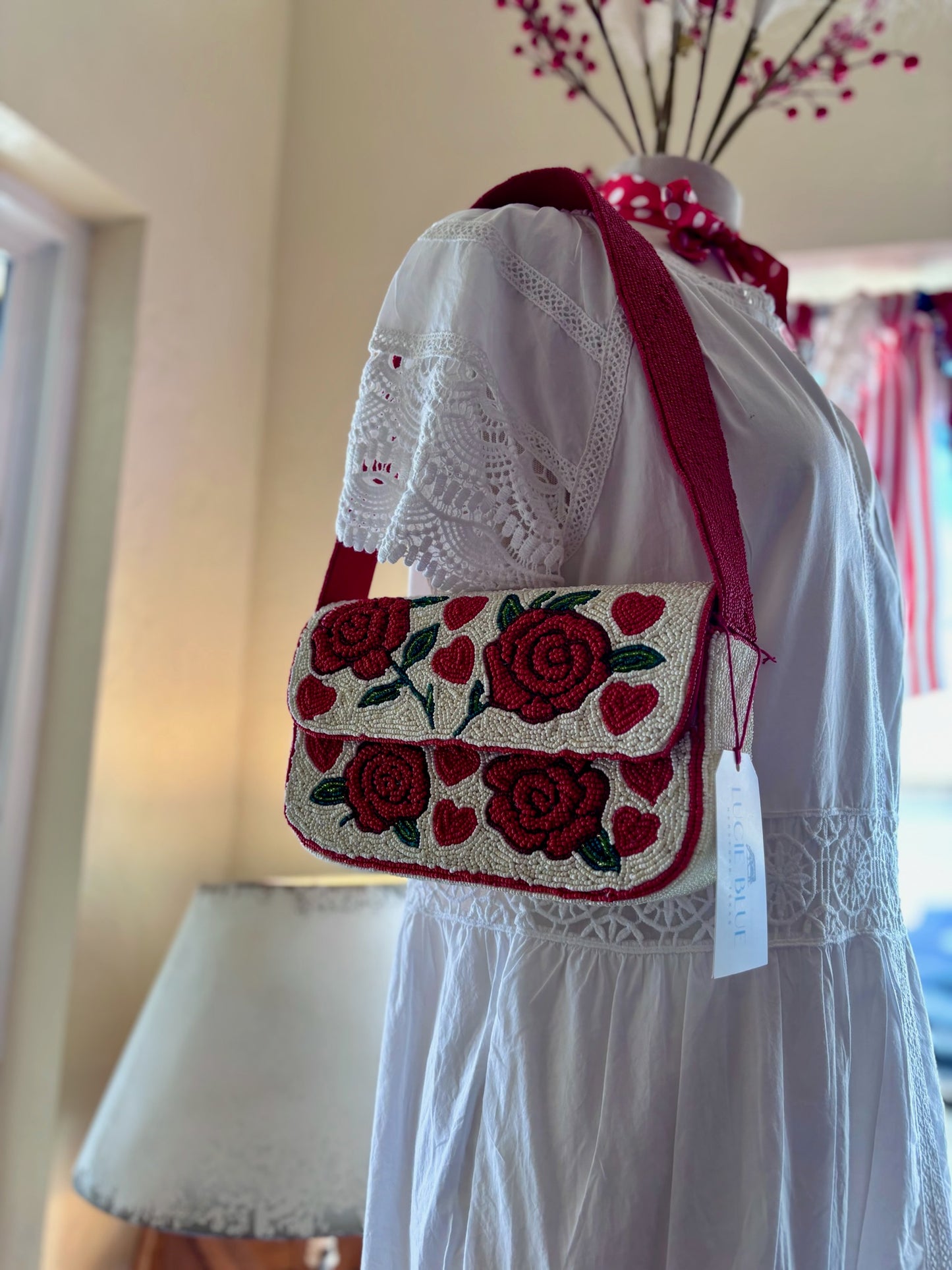 Roses With Hearts Double Sided Beaded Shoulder Bag