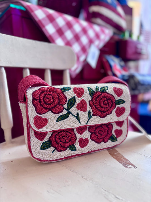 Roses With Hearts Double Sided Beaded Shoulder Bag