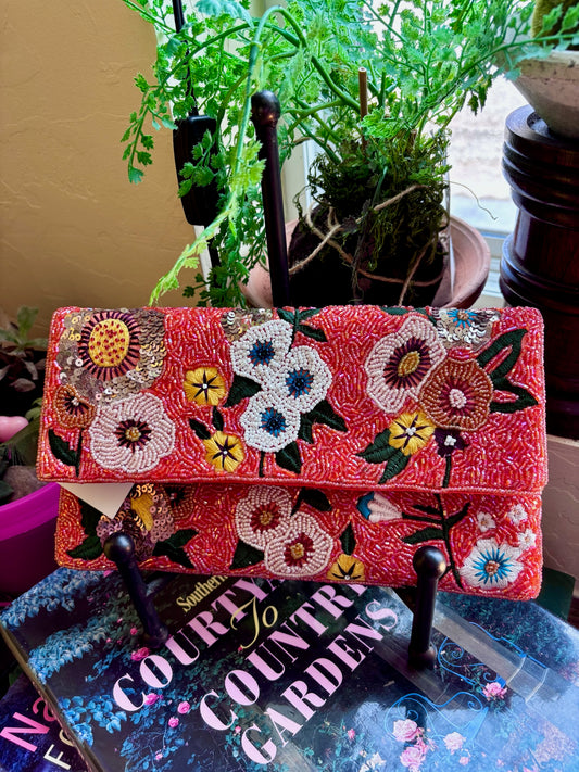 ORANGE FLORAL BEADED CLUTCH