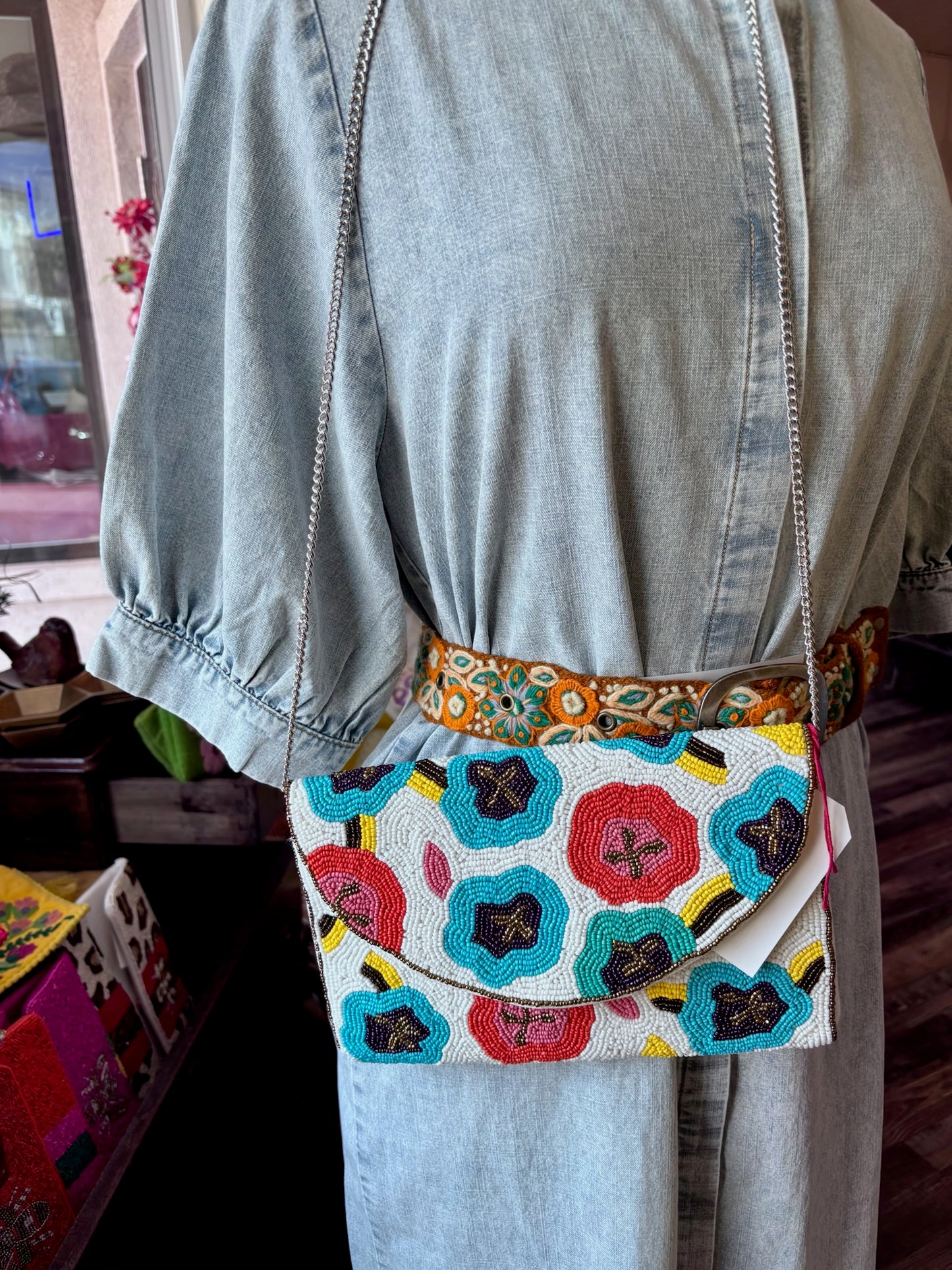 White Multi Colored Floral Beaded Clutch