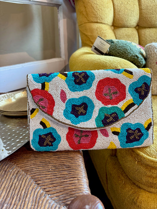 White Multi Colored Floral Beaded Clutch