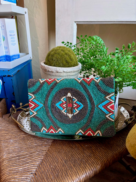 BOHO WESTERN TURQUOISE BEADED CLUTCH