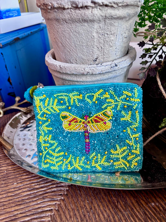 YELLOW GREEN DRAGON FLY BEADED COIN POUCH