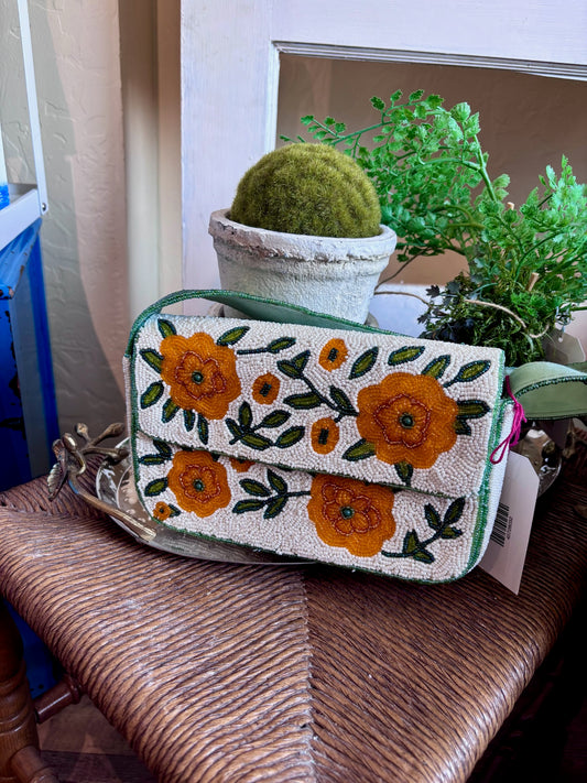 Golden Flowers Double Sided Beaded Shoulder Bag