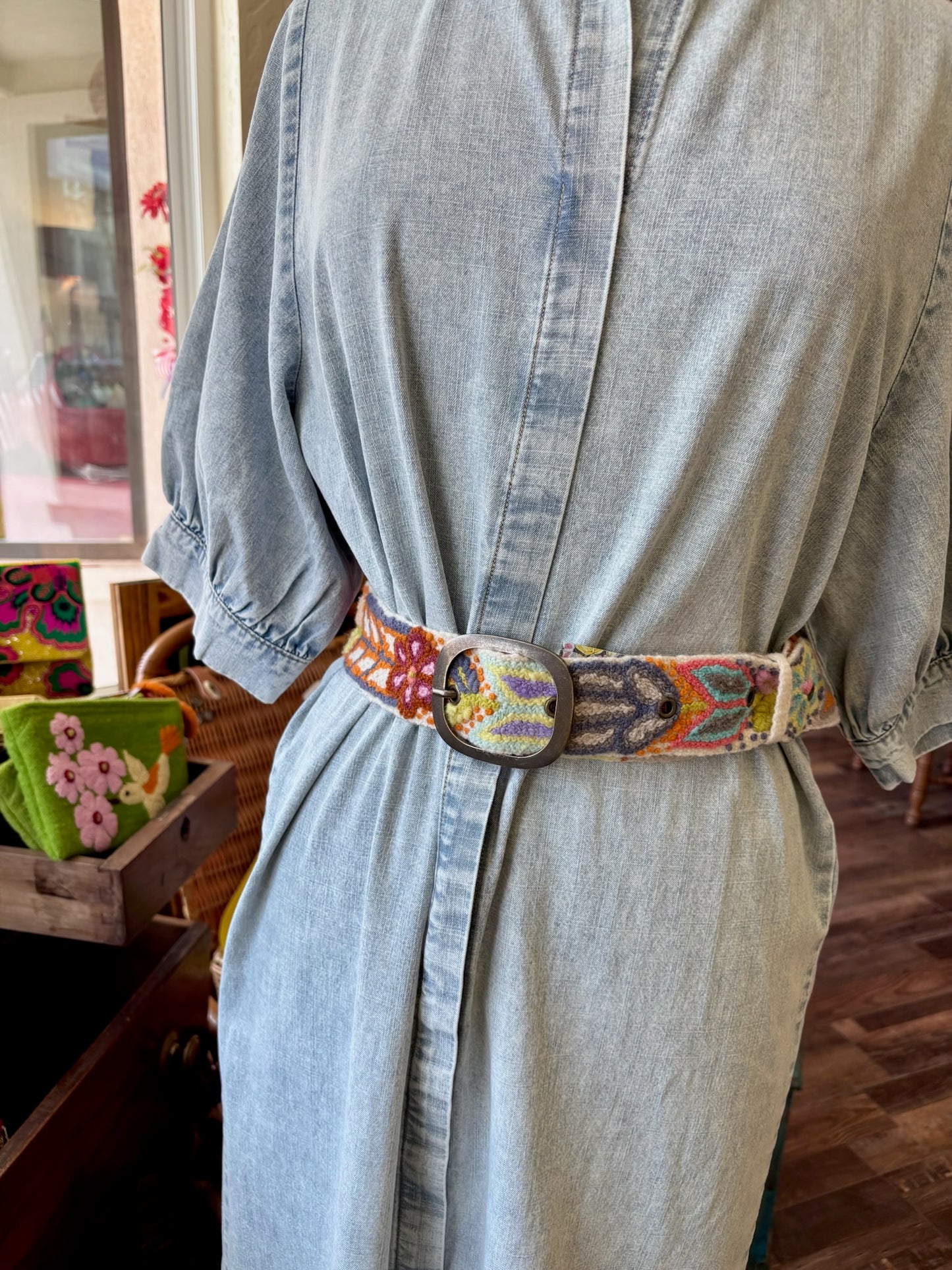 Folklorica Floral Embroidered Wool Belt, Cream: M