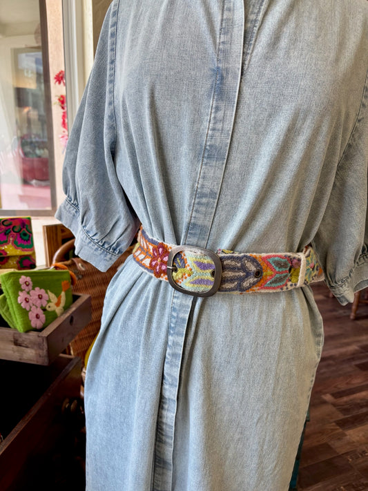 Folklorica Floral Embroidered Wool Belt, Cream: M