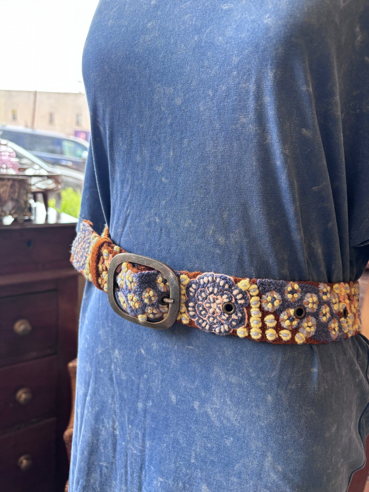 Blue Skies Floral Embroidered Wool Belt: L