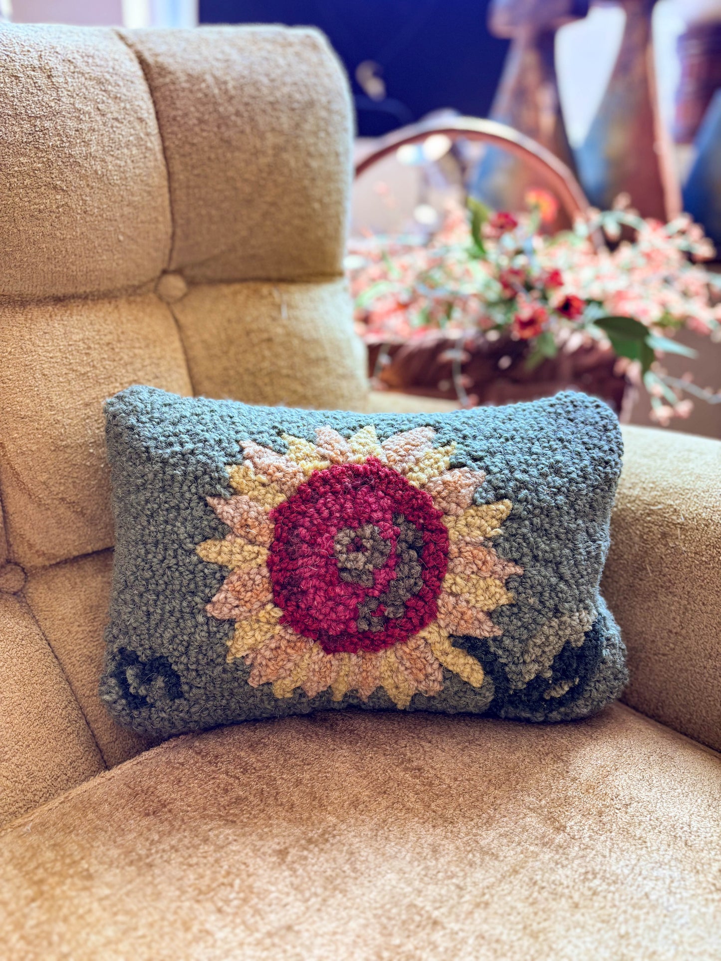Sunflower 8"x12" Hooked Wool Pillow