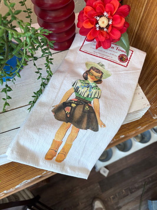 Paper Doll Cowgirl Tea Towel, western, retro