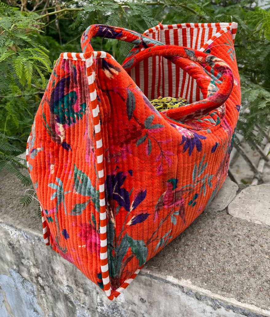 Orange Bird Printed Quilted Velvet Cotton Bag Party Wear Bag