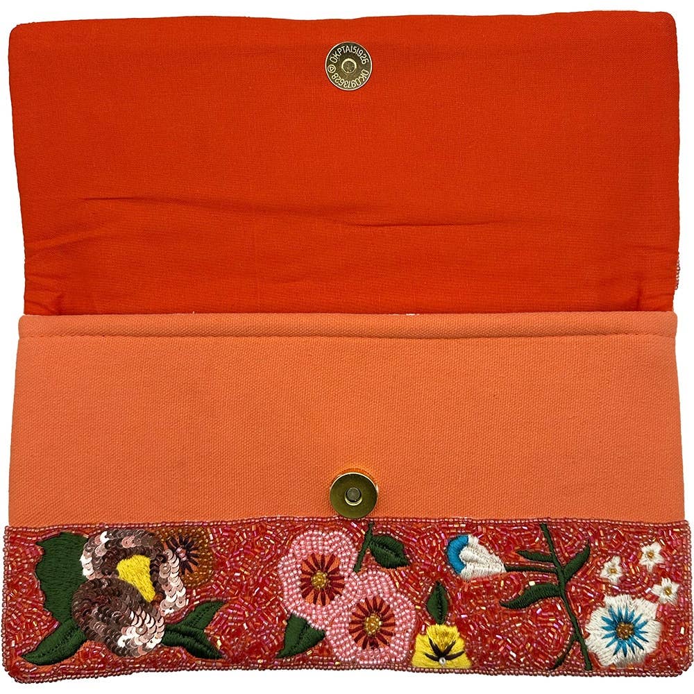 ORANGE FLORAL BEADED CLUTCH