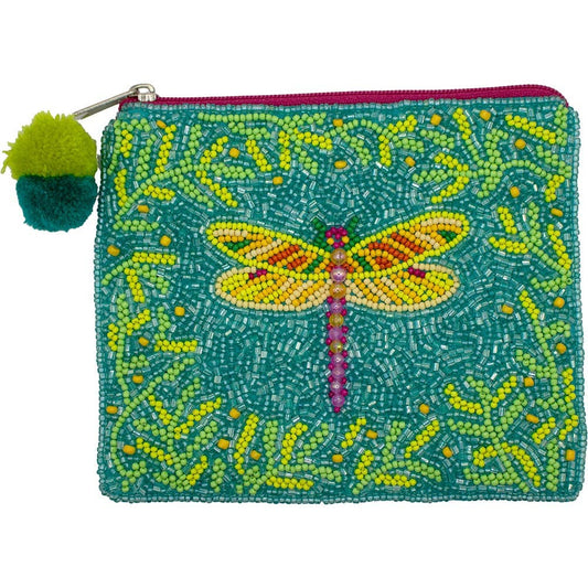 YELLOW GREEN DRAGON FLY BEADED COIN POUCH