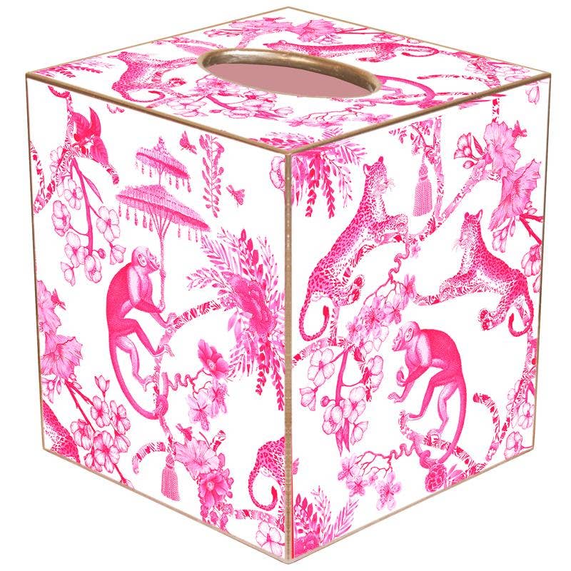 Chic Monkey Toile Pink Tissue Box Cover: Paper Mache
