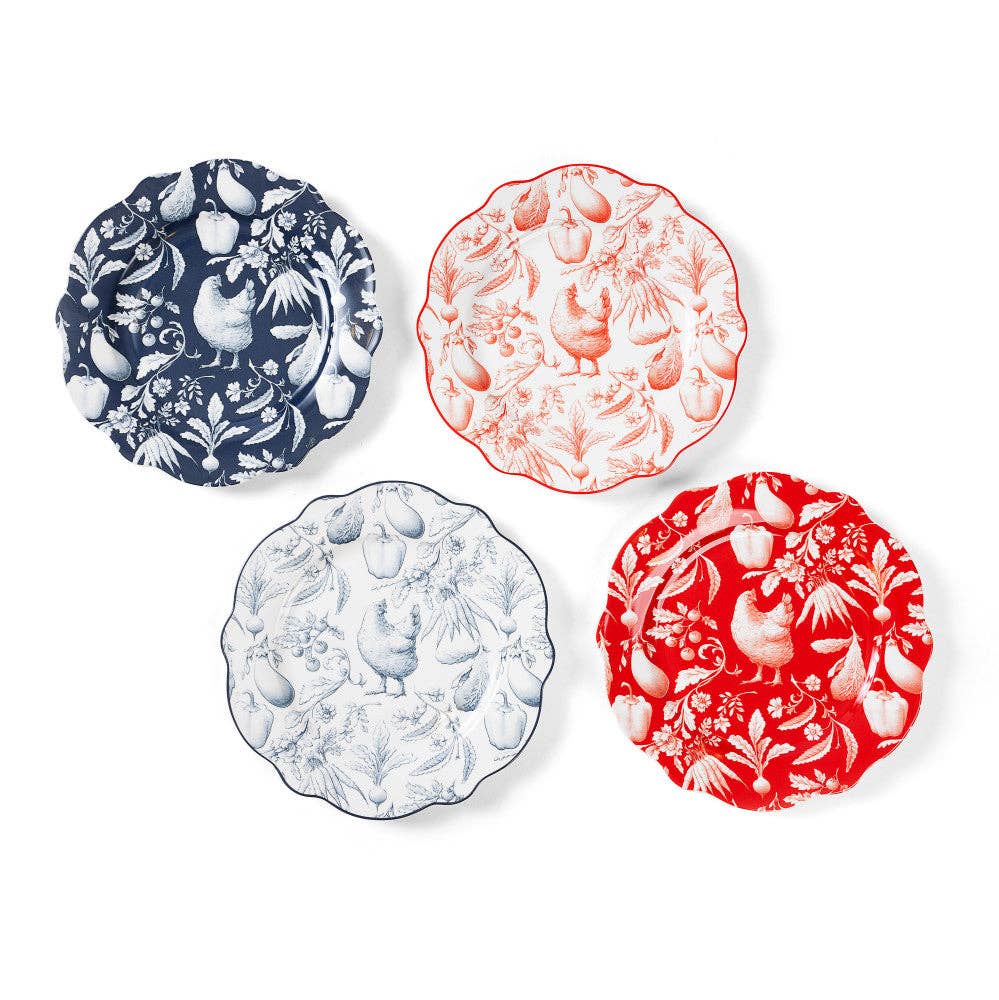 BLUE & RED GERTRUDE DESSERT PLATES SET OF 4 WITH GIFTBOX