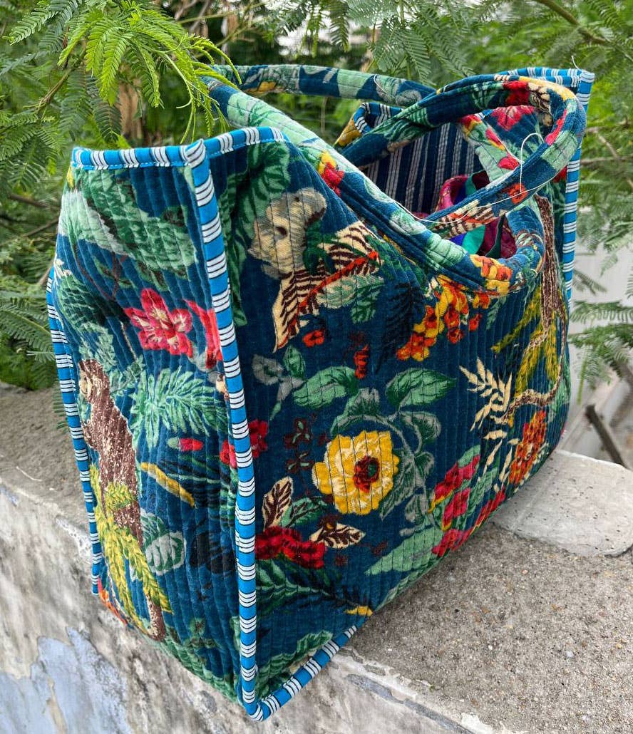 Monkey Floral Printed Bag Quilted Velvet Cotton Shopping Bag