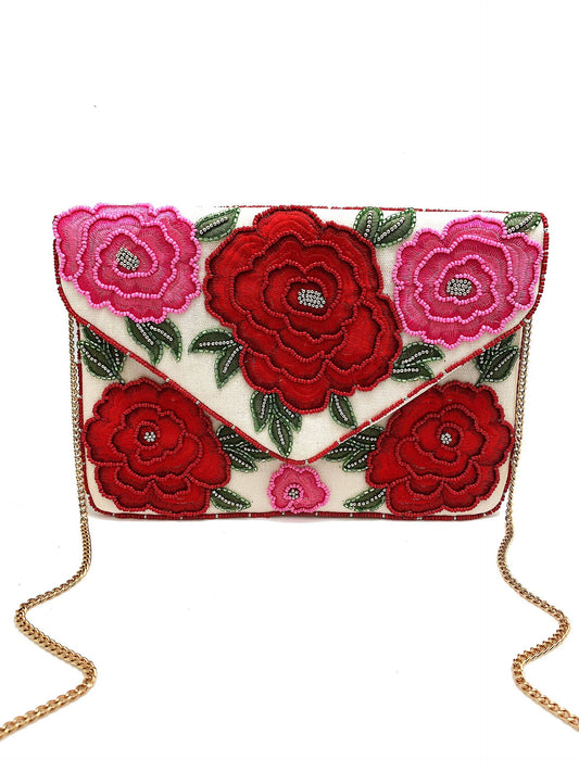 ENVELOPE CLUTCH WITH EMBROIDERED AND BEADED ROSES
