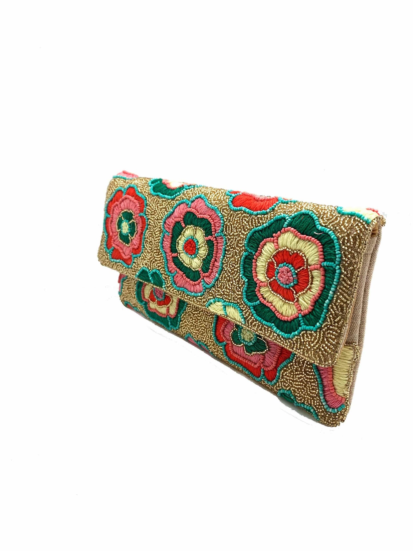 FLORAL EMBROIDERY W/ GOLD BEADED CLUTCH