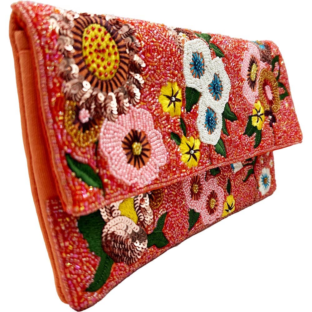 ORANGE FLORAL BEADED CLUTCH