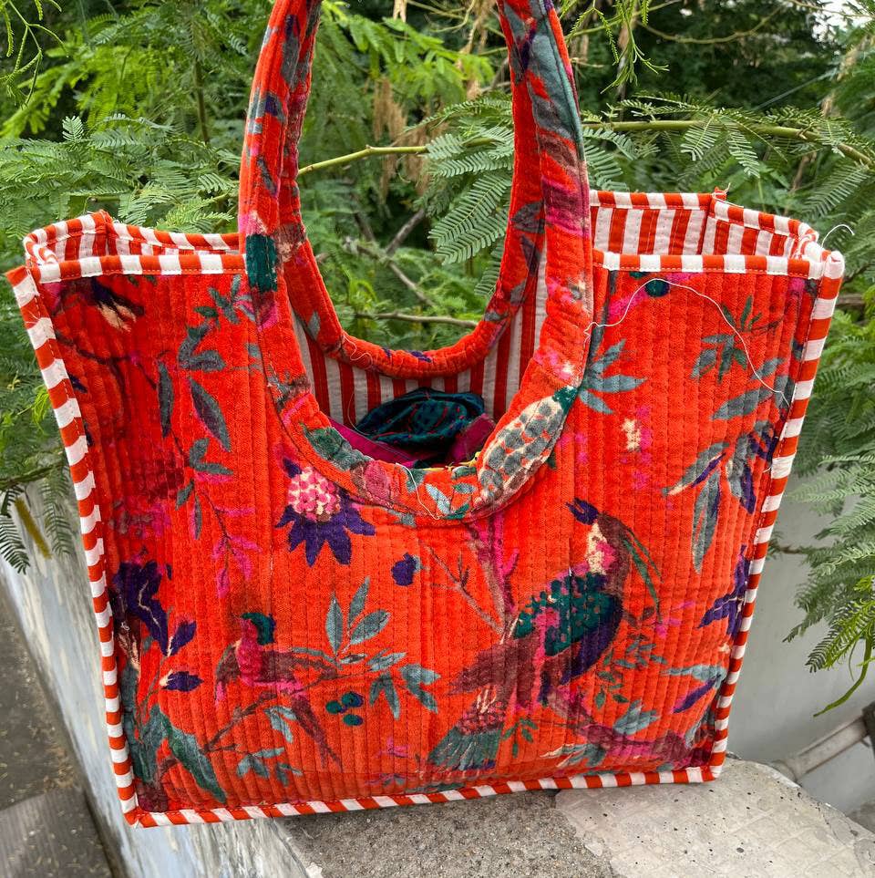 Orange Bird Printed Quilted Velvet Cotton Bag Party Wear Bag