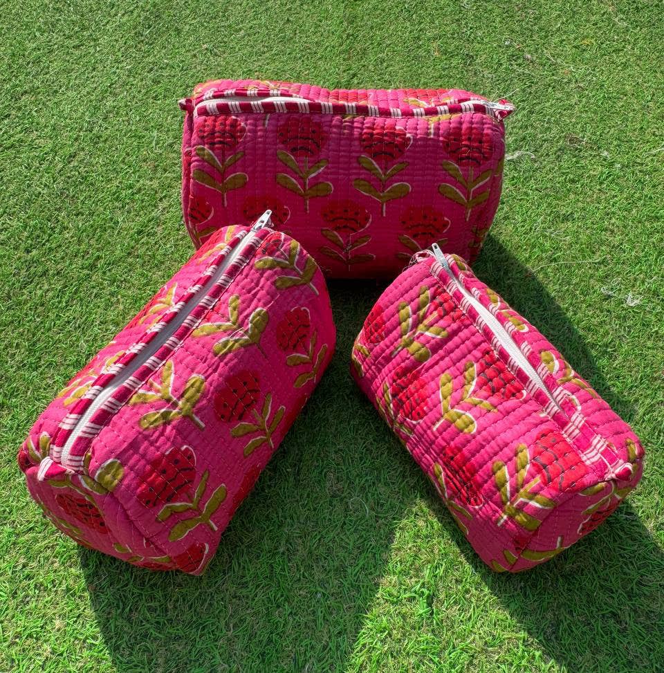 Assorted Cosmetic Bag Block Printed Indian Cotton Travel Bag Set 3 Pink