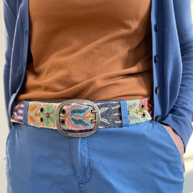Folklorica Floral Embroidered Wool Belt, Cream: M