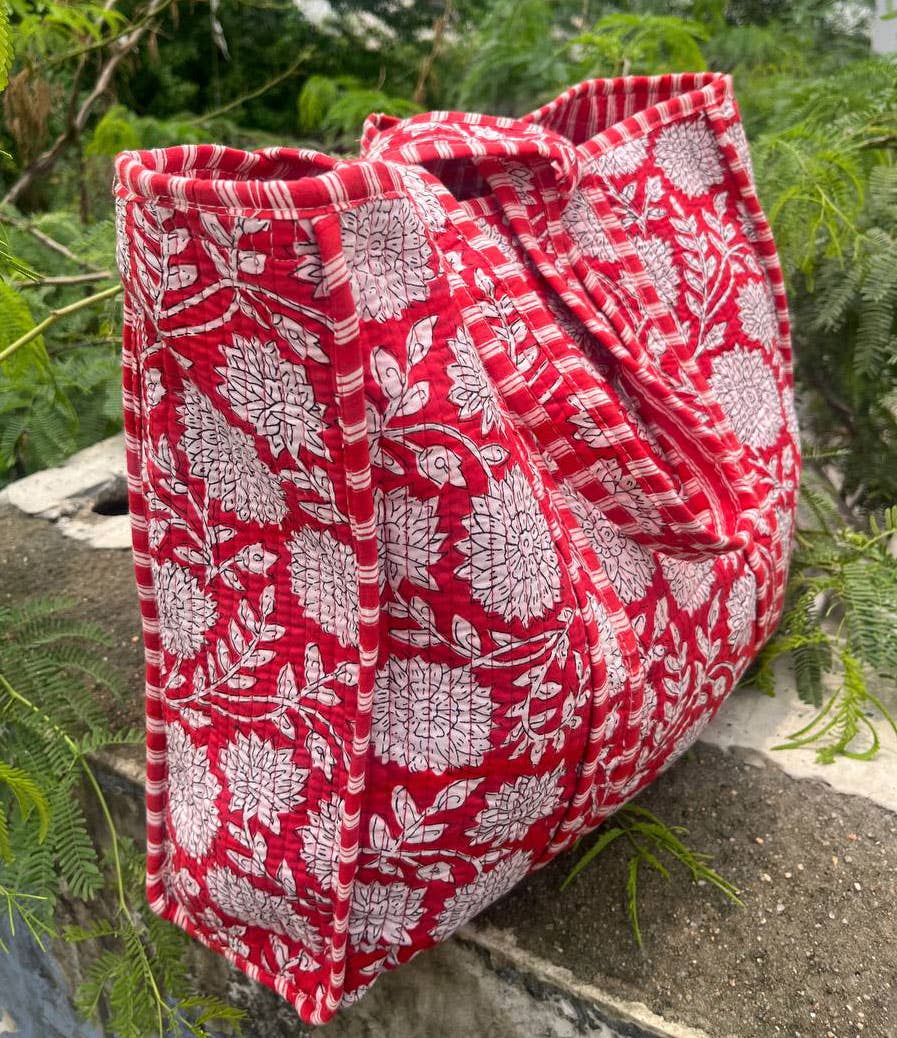 Red Floral Cotton Quilted Women Shopping Bag Market Bag Tote