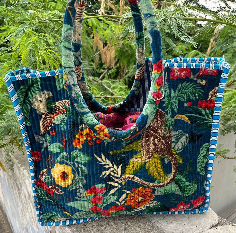 Monkey Floral Printed Bag Quilted Velvet Cotton Shopping Bag