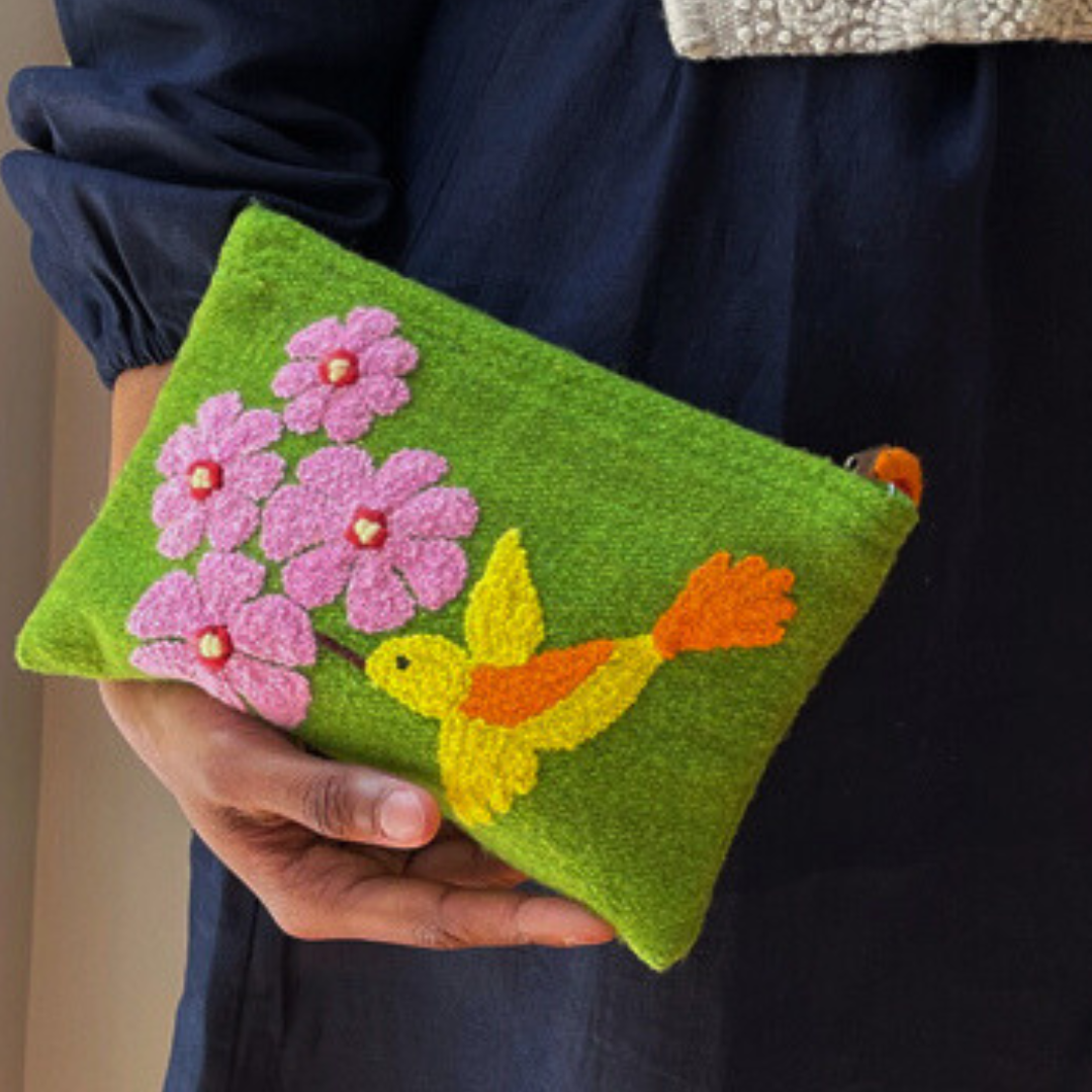 Hummingbird Embroidered Wool Pouch