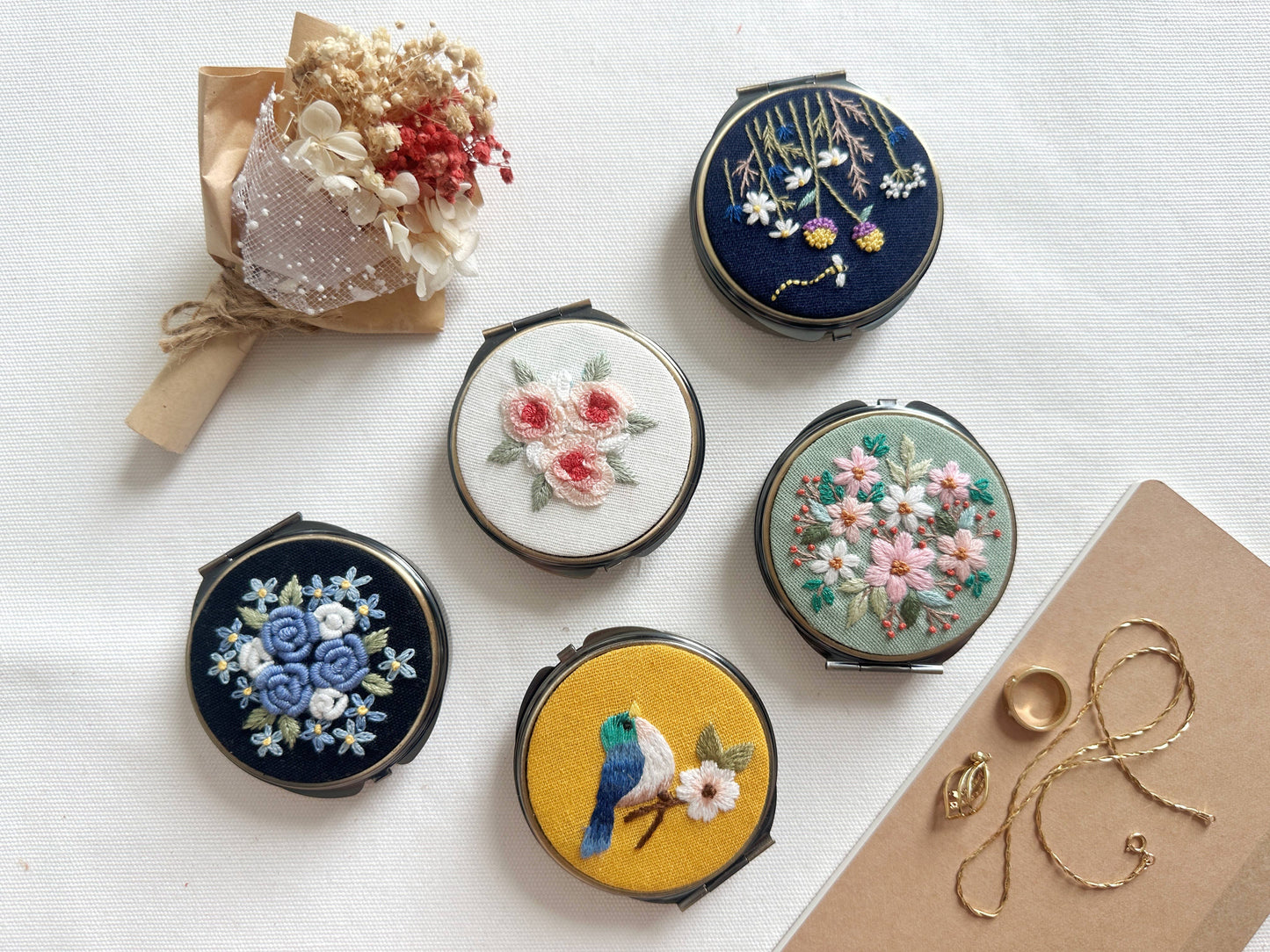 Floral Embroidered Round Jewelry Box With Mirror
Success: 1. Full Flowers