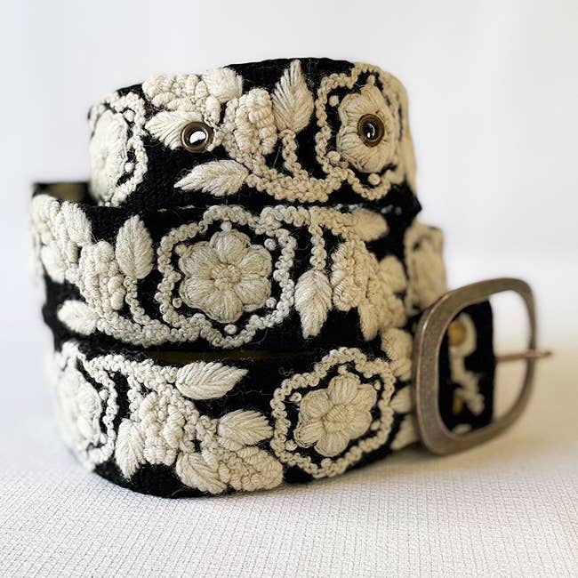 Two-Tone Embroidered Wool Belt, Black/Cream: M