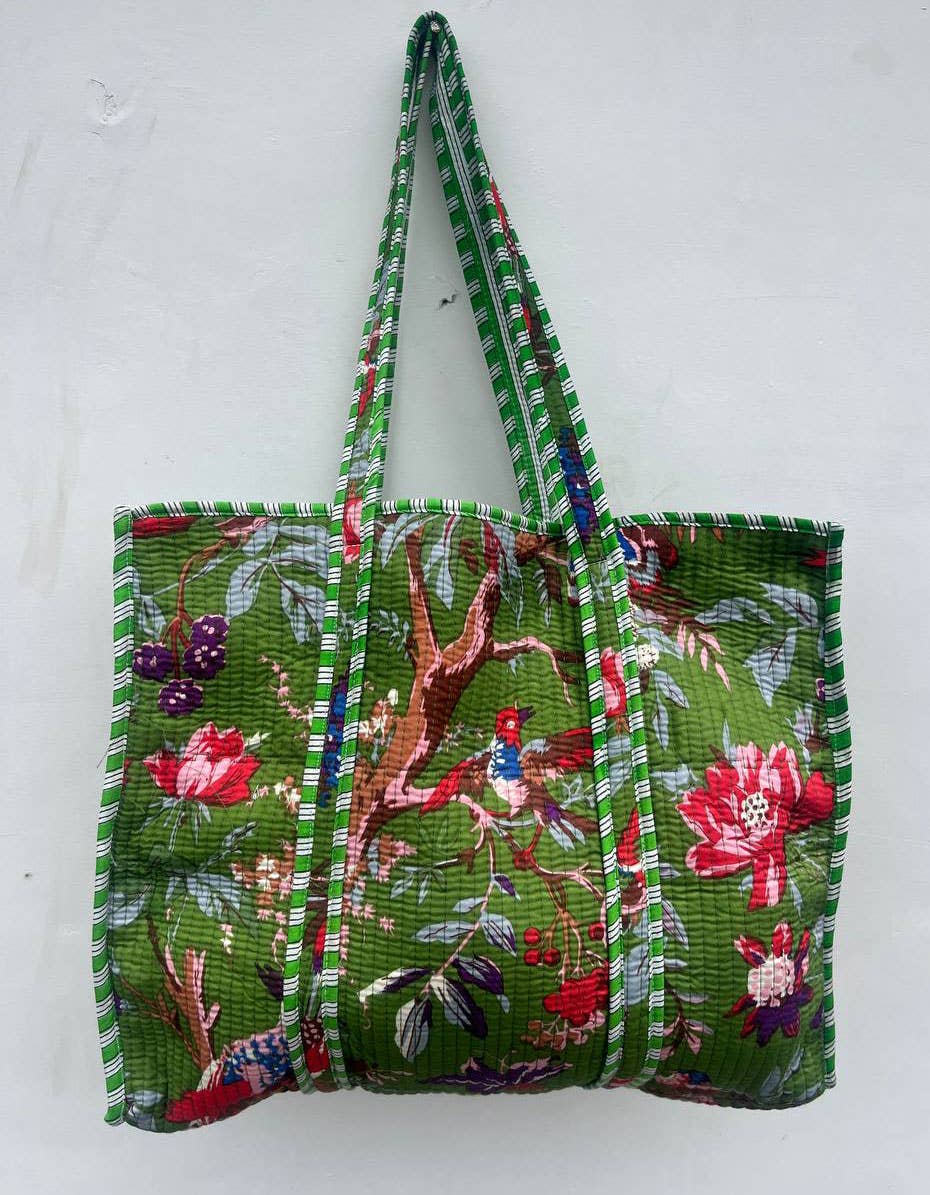 Bird Printed Cotton Quilted Shopping Bag Grocery Women Bags