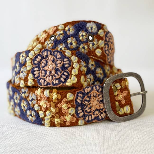 Blue Skies Floral Embroidered Wool Belt: M