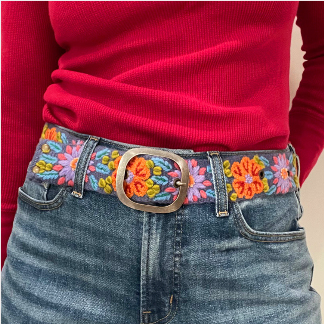 Prairie Flowers Embroidered Wool Belt: L