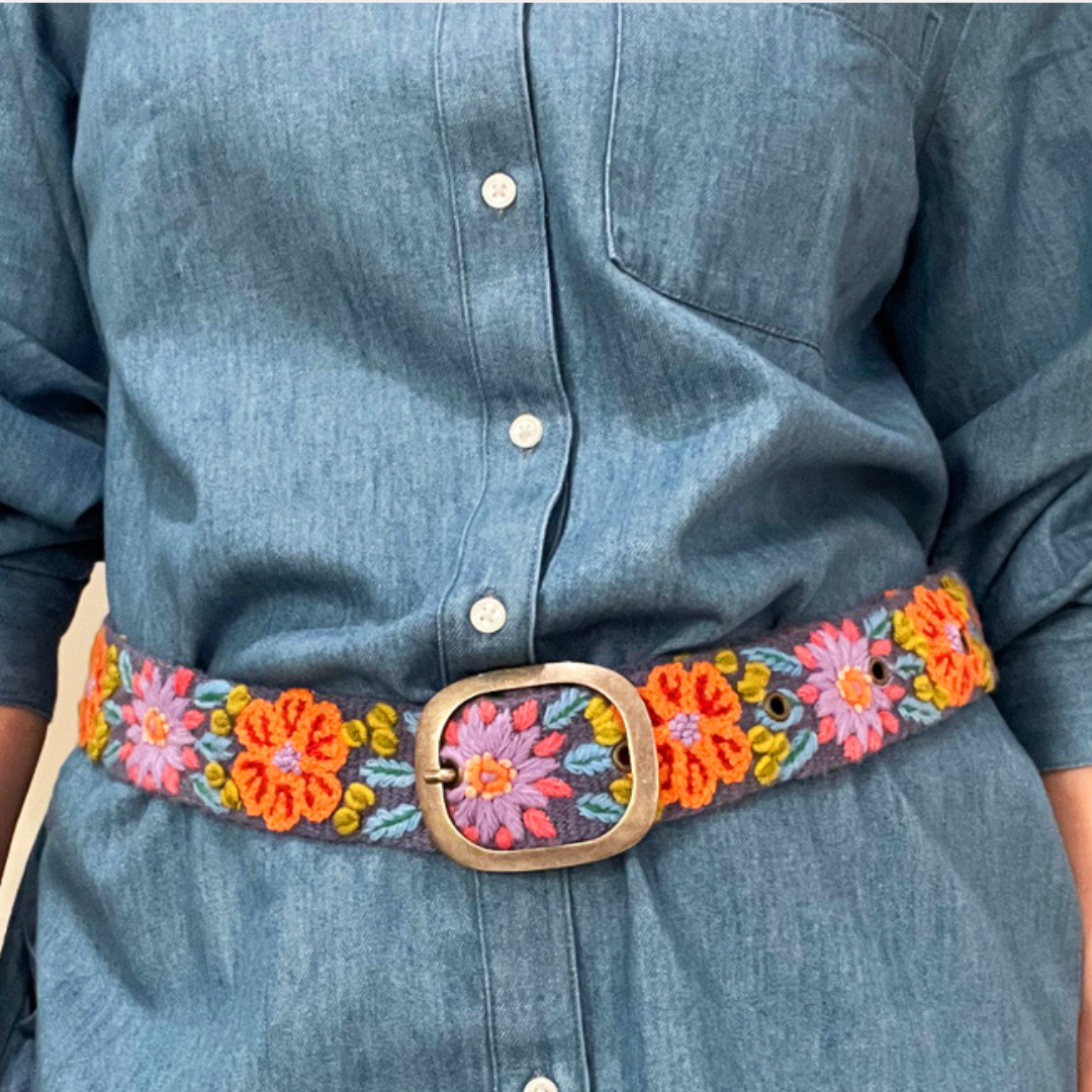 Prairie Flowers Embroidered Wool Belt: L