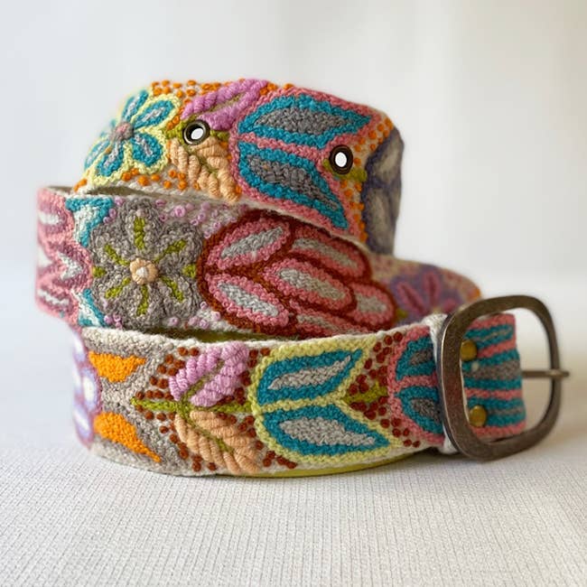 Folklorica Floral Embroidered Wool Belt, Cream: L