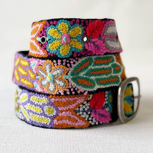 Folklorica Floral Embroidered Wool Belt, Black: S