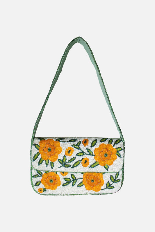 Golden Flowers Double Sided Beaded Shoulder Bag
